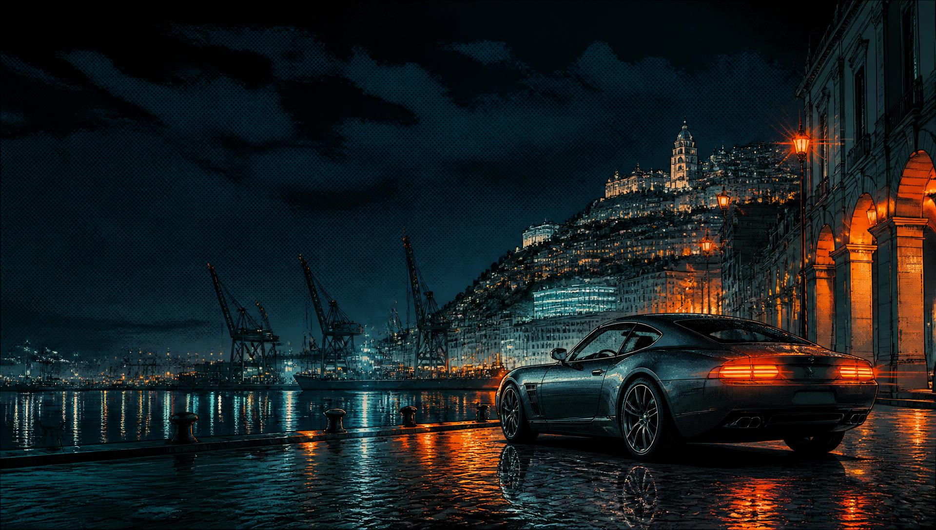 Porto italiano di notte in stile fumetto con automobile sportiva